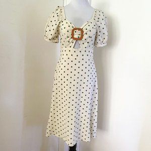 Cream & Olive Polka Dot Sweetheart Midi Dress w/ Cut Out - Sz. 6